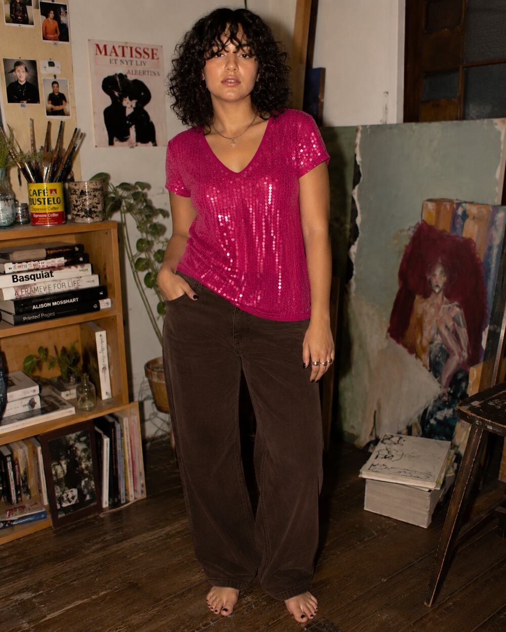Cato Hot Pink Sequin V Neck Short Sleeve Top Size XLop